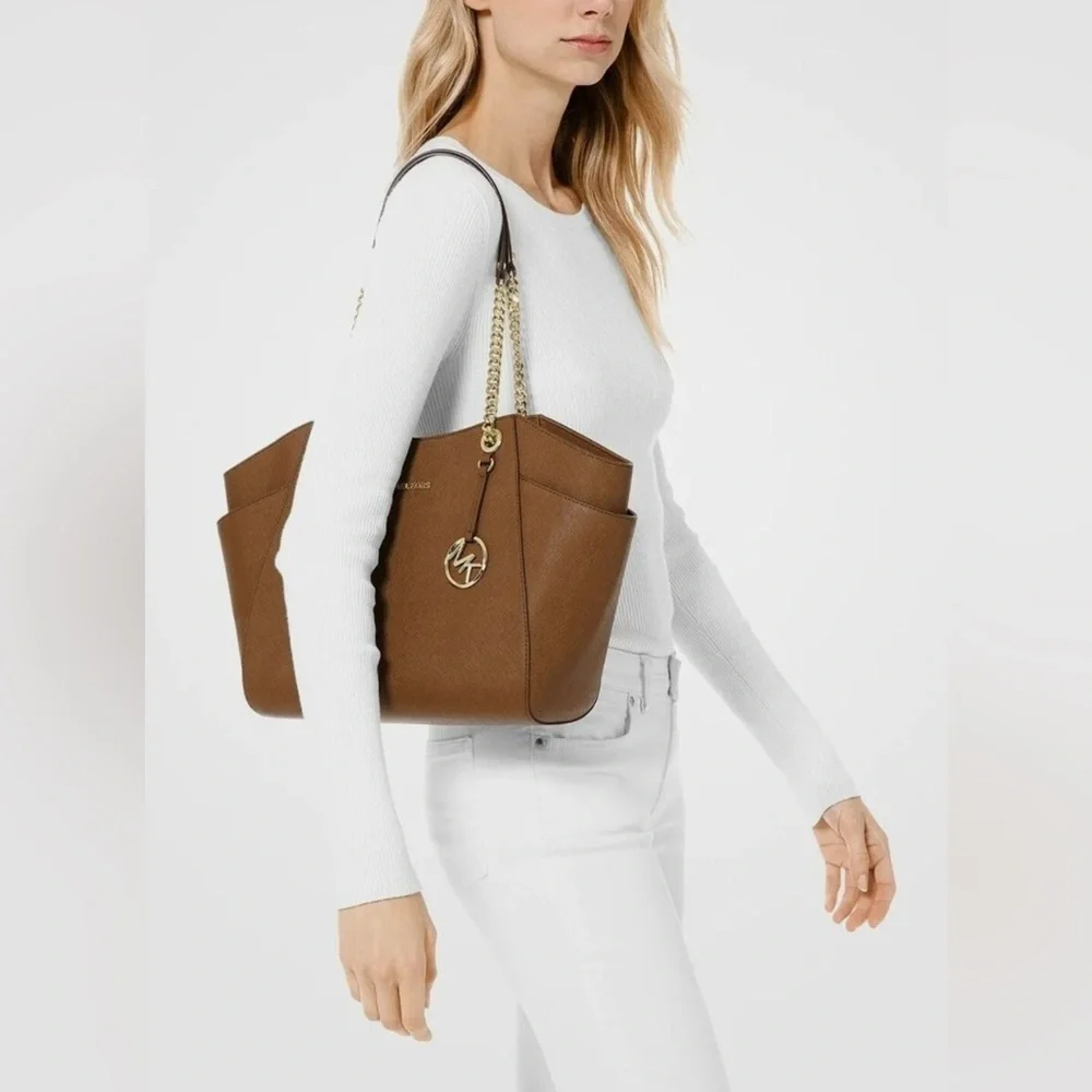 Michael Kors Brown Jet Set Travel Shoulder Gold Chain Leather Tote Bag